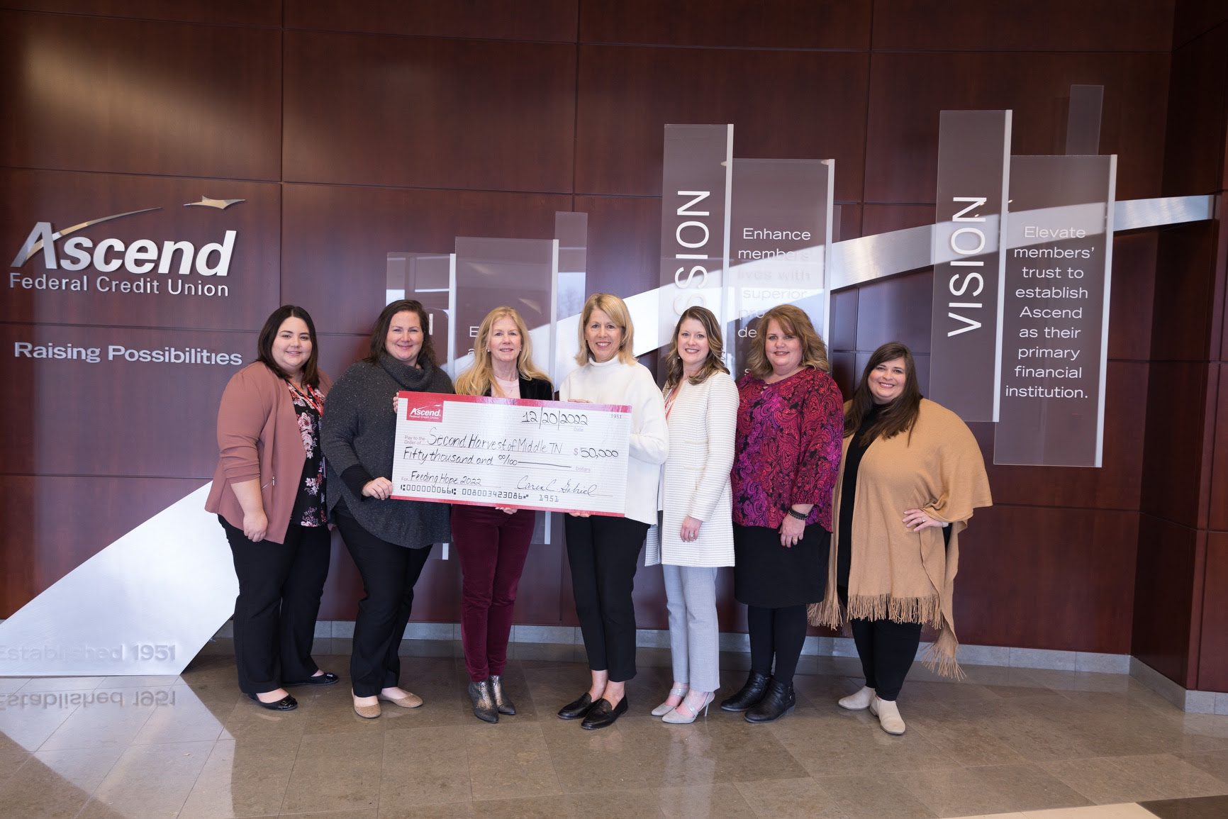 Ascend Federal Credit Union Donates $115,585 to Second Harvest Food Bank of Middle Tennessee.