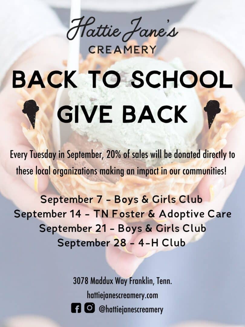 Back to School Giveback poster from Hattie Jane’s Creamery, ice cream shop in Franklin, Nashville, Murfreesboro and Columbia.
