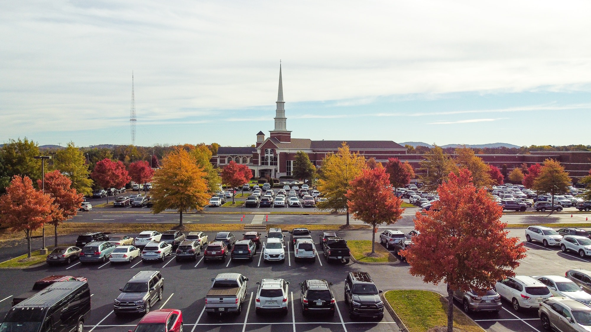 Brentwood Baptist Church in Brentwood, Tennessee, exterior of the church and parking lot spaces.