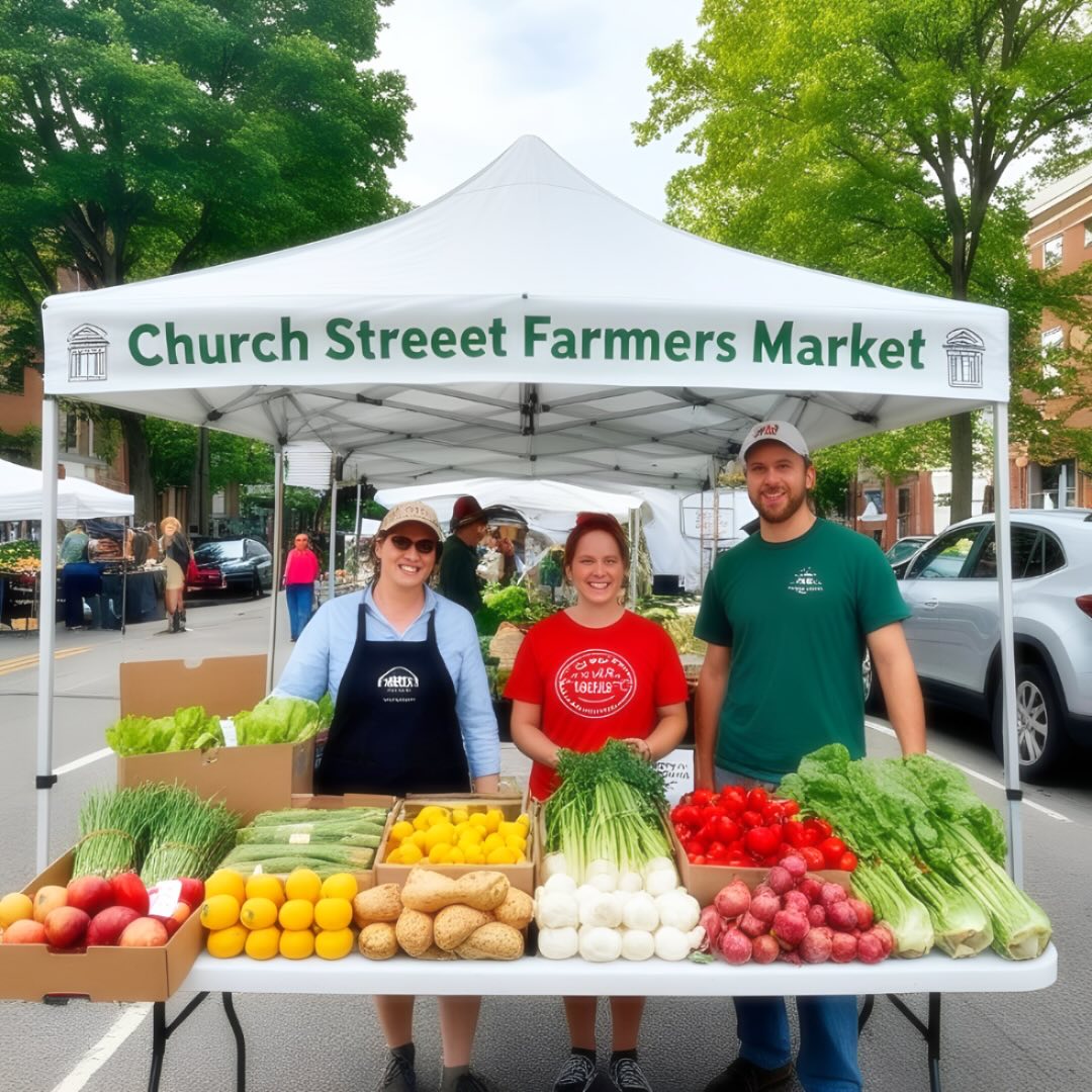 Church Street Farmers Market in downtown Franklin, TN., vendors selling fresh produce, artisan crafts, food trucks, live music, and family-friendly activities.
