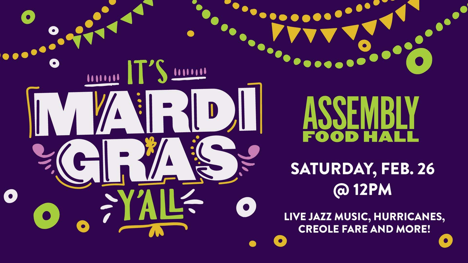 Mardi Gras event in Nashville, TN, Assembly Food Hall, live jazz bands, NOLA inspired food and cocktails, Tarot Card Reader and more at Skydeck on Broadway.