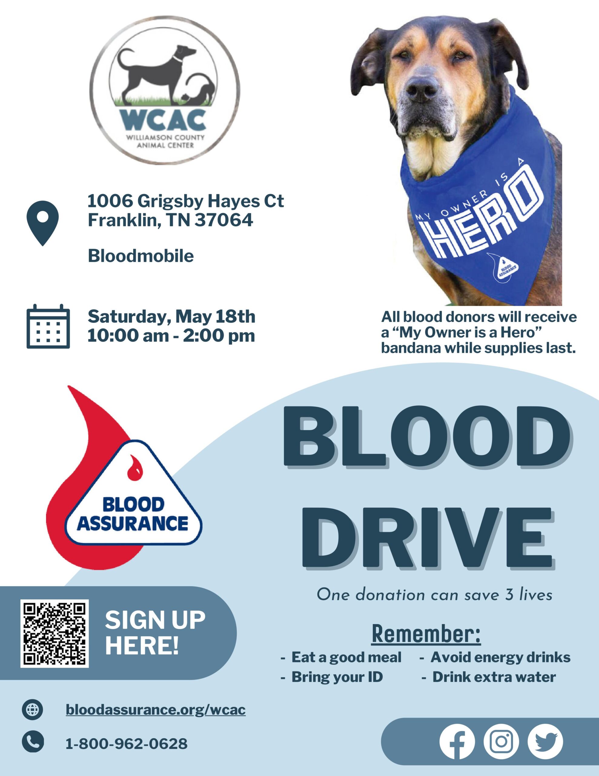 May Blood Drive Franklin, Tenn. Williamson County Animal Center.