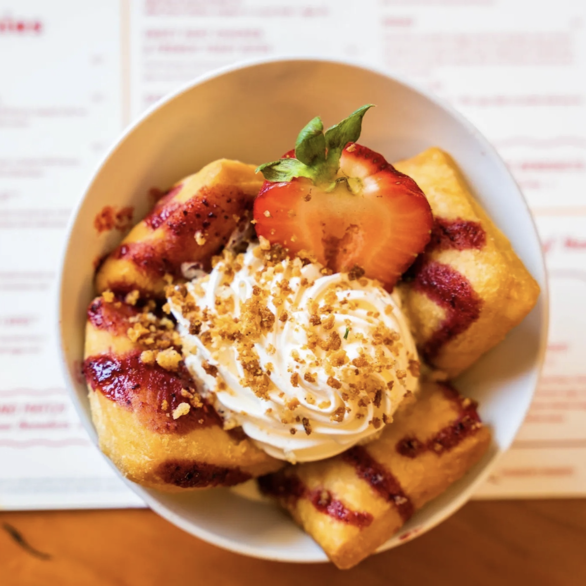 Ruby Sunshine brunch in downtown Franklin, Very Berry’ beignets and stuffed French toast.