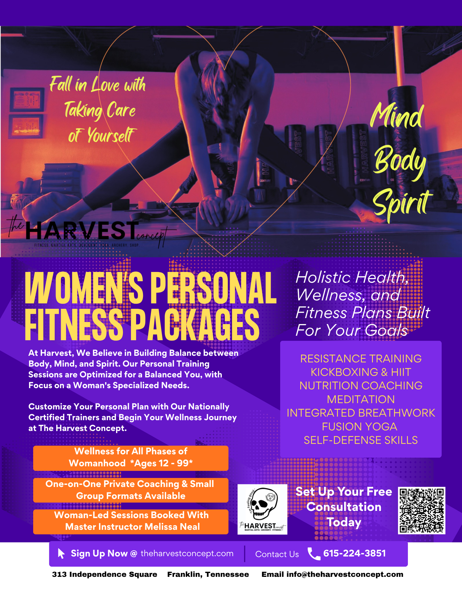 The Harvest Concept in Franklin TN, offers Women's Fitness including Resistance Training, KickBoxing & HIIT Nutrition Coaching, Meditation, Integrated Breathwork, Fusion Yoga and Self-Defense Skills.