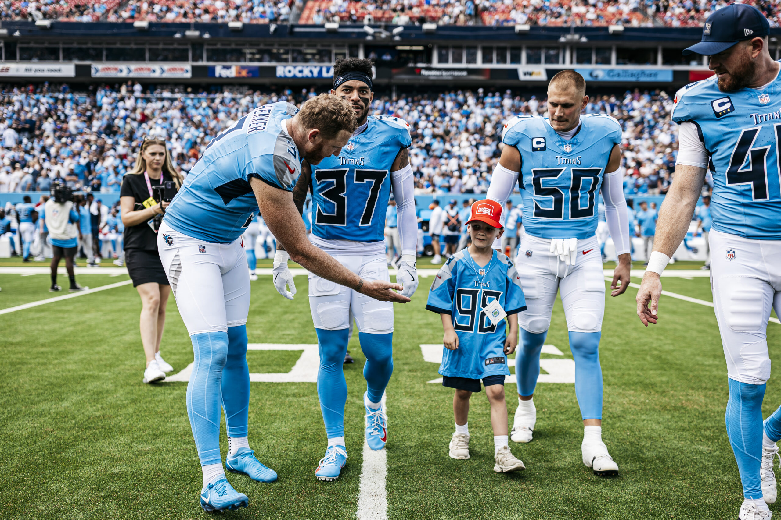 Punter Johnny Hekker #3 of the Tennessee Titans, Defensive back Amani Hooker #37 of the Tennessee Titans, Linebacker Cody Barton #50 of the Tennessee Titans, Longsnapper Morgan Cox #46 of the Tennessee Titans before the game between the Tennessee Titans and the Los Angeles Rams at Nissan Stadium on September 14, 2025 in Nashville, TN. Photo By Donald Page/Tennessee Titans