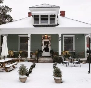 Exterior of Triple Crown Bakery, Franklin, TN, in the snow.