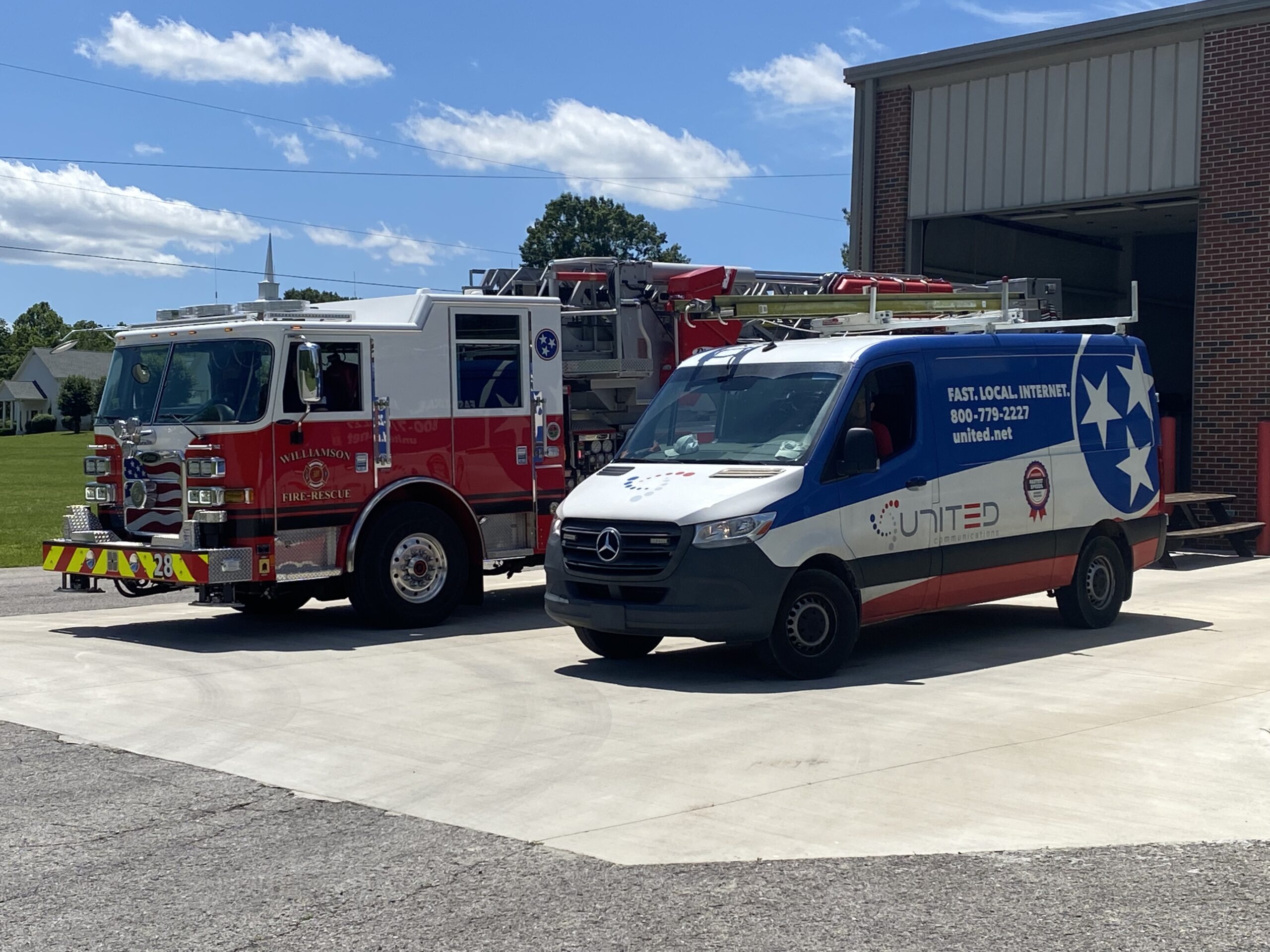 A United Communications fiber installation crew upgrades the Peytonsville Volunteer Fire Department’s broadband connection. The enhanced fiber service will now deliver symmetrical download and upload speeds of up to 8 Gig. United Communications has proudly provided the department with free high-speed internet since 2017. (Photo credit: United Communications)