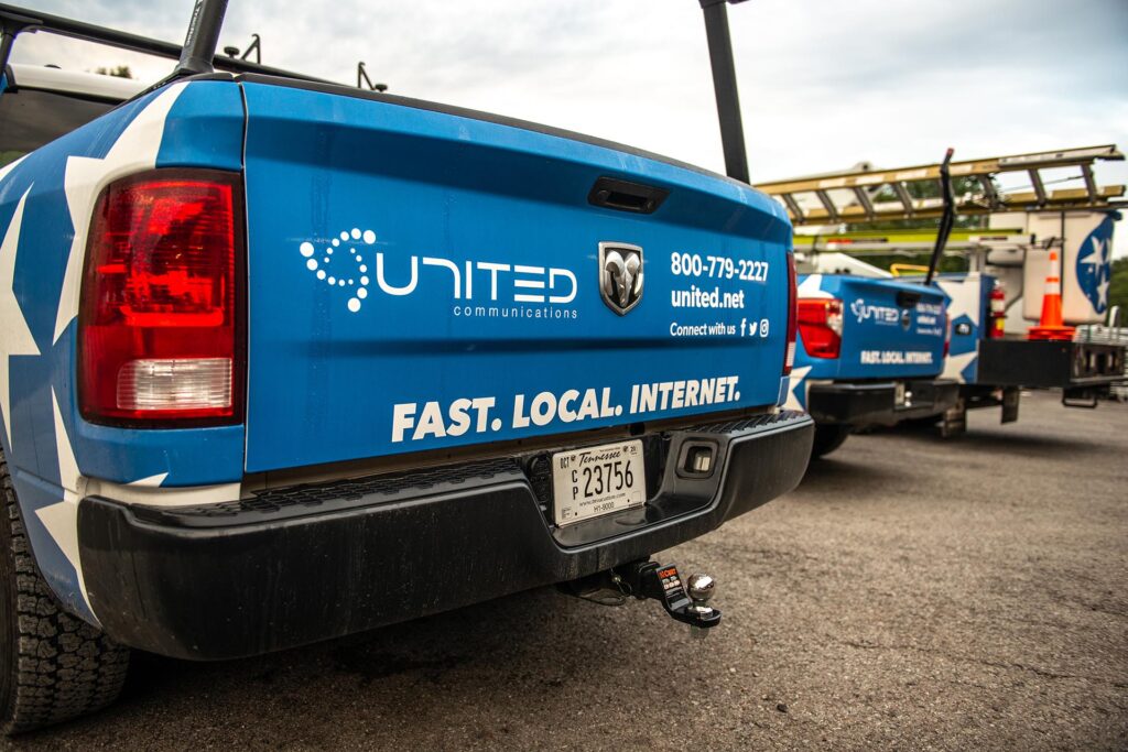 United Communications utility trucks being stocked and prepped for fiber broadband installations at the company’s Chapel Hill, Tennessee facility. (United Communications)