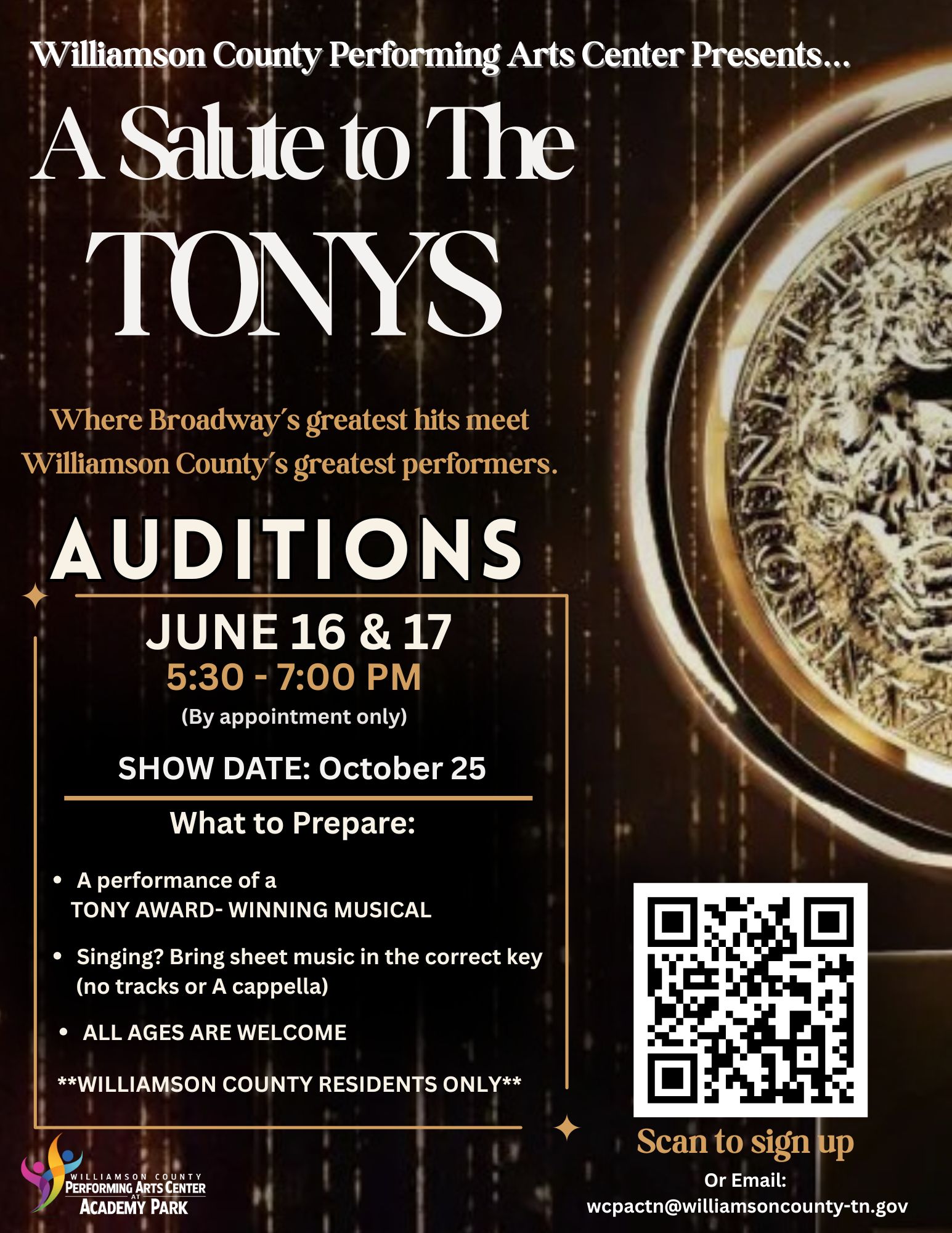 Williamson County Performing Arts Center Auditions in Franklin for “A Salute to the Tonys” — A One-Night Broadway Celebration.