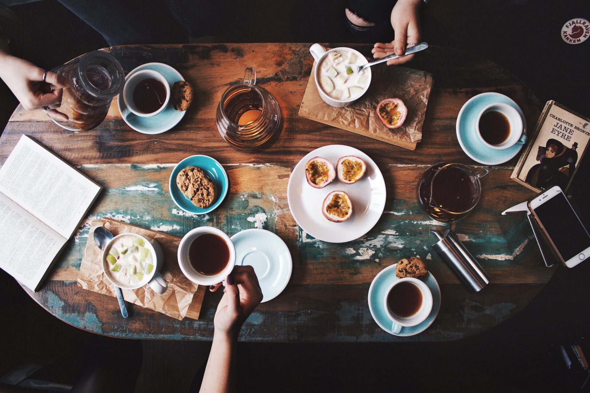Coffee Shop in Franklin, TN., coffee and food on a table.